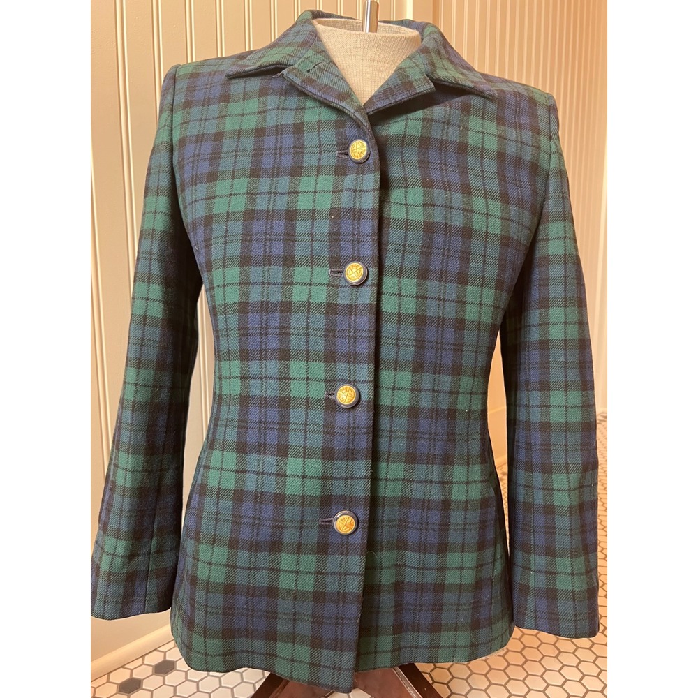 Pendleton Wool Blazer Black Watch Plaid Crest Button Jacket Petite Size 10P USA